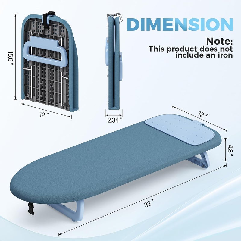 KINGBOARD Tabletop Ironing Board, Small Ironing Board with Iron Mat, Foldable Mini Iron Board, Easy Storage for Travel & Dorm, 12x32 Blue - Image 2